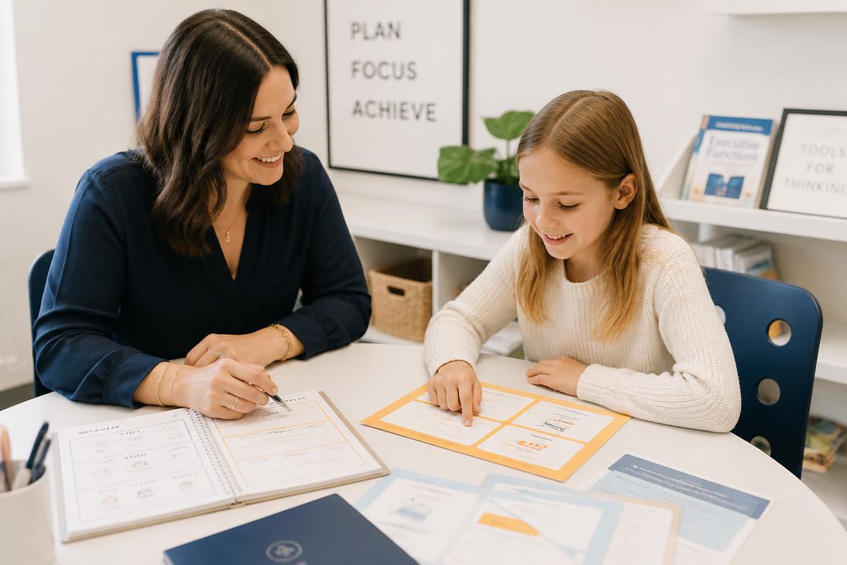 A coach and student work together with visual organizers during an executive function session