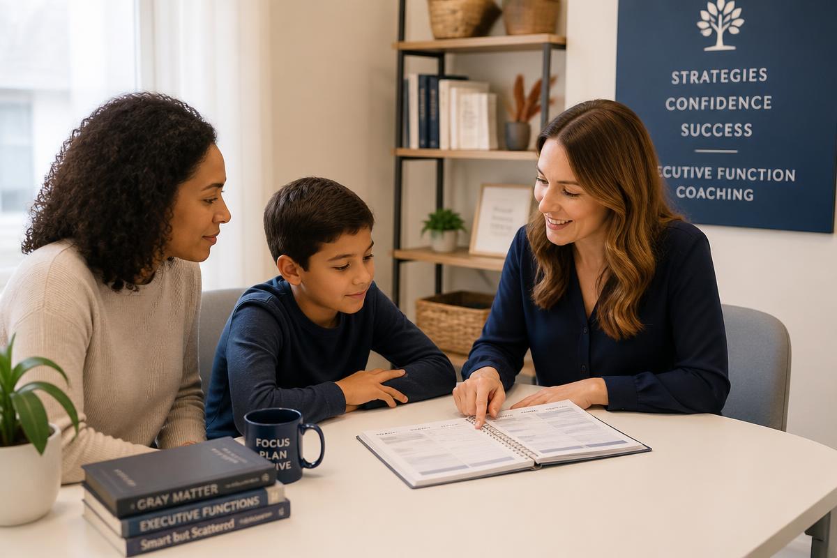 A family sits with an executive function coach to review goals and build an onboarding plan